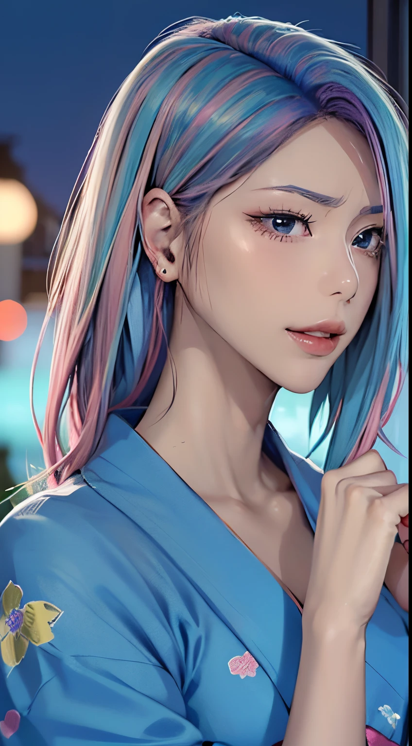 (masutepiece), (((Highest Quality)), (super detailed), 1 girl, (Iridescent hair, Colorful hair, Half blue and half pink hair: 1.2), 17 years old, (Yukata: 1.2), Midsummer Night、plein air, Bangs, Smile, sky-blue eyes, Perfect hands, Perfect hands, Hand Details, Corrected Fingers. earrings, Night Store + Background, up looking_で_viewer, Cowboy Shot, of the highest quality, rich detail, Perfect image quality, blue dark color