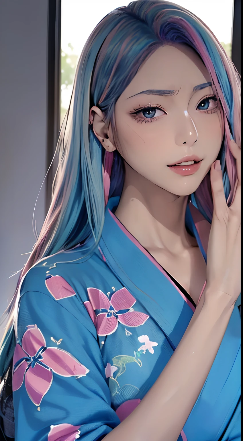 (masutepiece), (((Highest Quality)), (super detailed), 1 girl, (Iridescent hair, Colorful hair, Half blue and half pink hair: 1.2), , (Yukata: 1.2), Midsummer Night、plein air, Bangs, Smile, sky-blue eyes, Perfect hands, Perfect hands, Hand Details, Corrected Fingers. earrings, Night Store + Background, up looking_で_viewer, Cowboy Shot, of the highest quality, rich detail, Perfect image quality, blue dark color