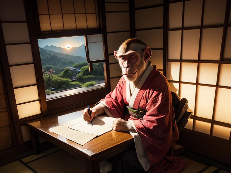 Bild erstellen.Ernster alter Affe im japanischen Kimono,Sitzung,beim Betrachter sehen,Schreiben auf einem Papier auf einem Schreibtisch,in einem rustikalen japanischen Haus,Sonnenuntergang am Fenster