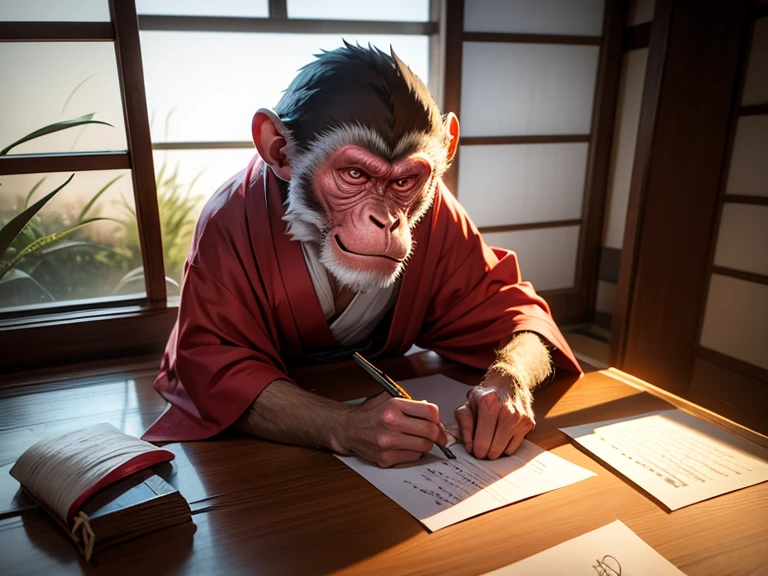 Bild erstellen.Ernster alter Affe im japanischen Kimono,Sitzung,beim Betrachter sehen,Schreiben auf einem Papier auf einem Schreibtisch,in einem rustikalen japanischen Haus,Sonnenuntergang am Fenster