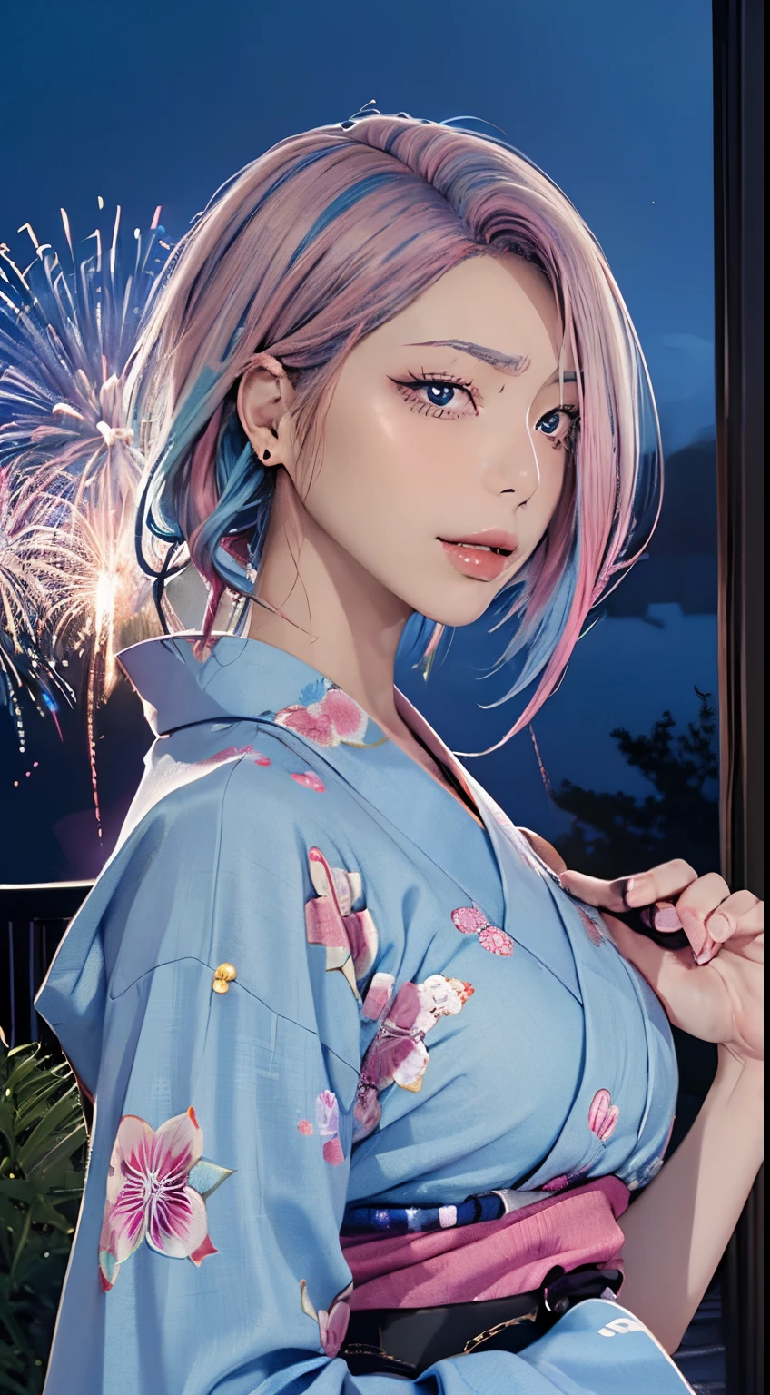 (masutepiece), (((Highest Quality)), (super detailed), 1 girl, (Iridescent hair, Colorful hair, Half blue and half pink hair: 1.2), , (Yukata: 1.2), Midsummer Night、plein air, Bangs, Smile, sky-blue eyes, Perfect hands, Perfect hands, Hand Details, Corrected Fingers. earrings, Night Store + Background, Fireworks Festival in Kyoto、up looking_で_viewer, Cowboy Shot, of the highest quality, rich detail, Perfect image quality, dark blue gray color tone、Night representation、