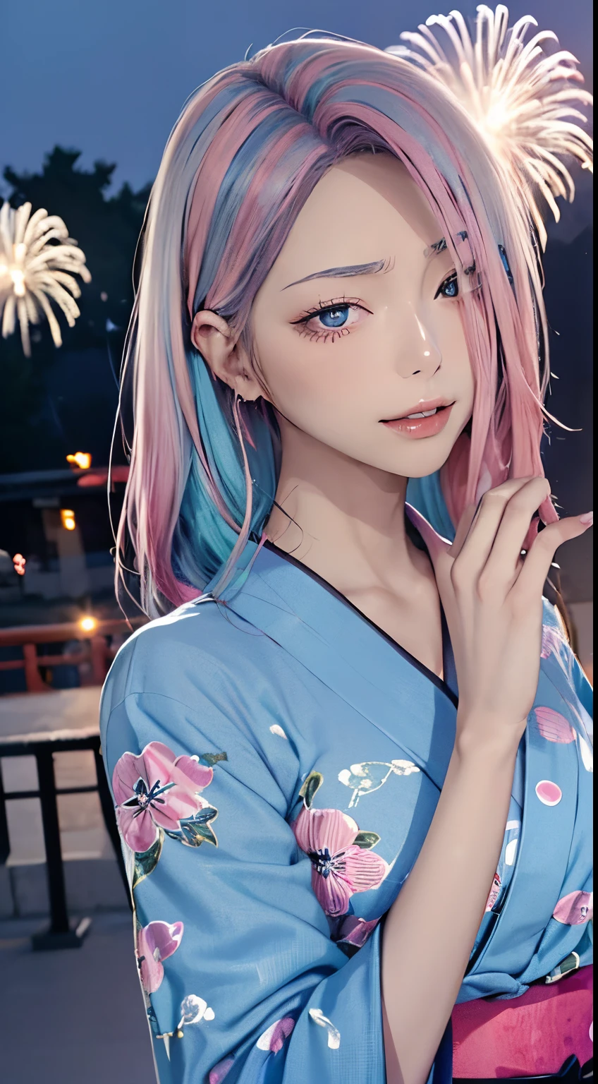 (masutepiece), (((Highest Quality)), (super detailed), 1 girl, (Iridescent hair, Colorful hair, Half blue and half pink hair: 1.2), , (Yukata: 1.2), Midsummer Night、plein air, Bangs, Smile, sky-blue eyes, Perfect hands, Perfect hands, Hand Details, Corrected Fingers. earrings, Night Store + Background, Fireworks Festival in Kyoto、up looking_で_viewer, Cowboy Shot, of the highest quality, rich detail, Perfect image quality, dark blue gray color tone、Night representation、