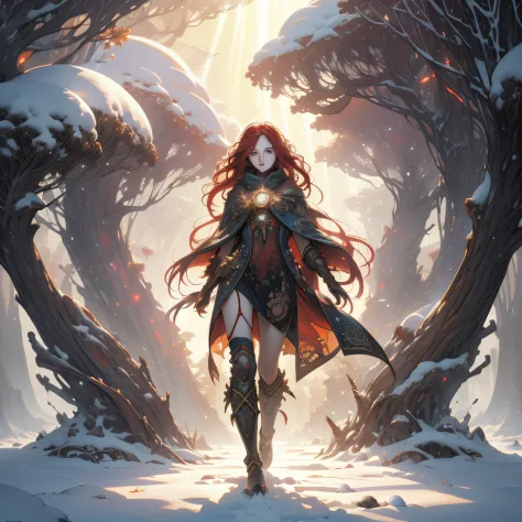 A new ancient alien land of surreal creativity and unnatural concepts, a woman with long red hair and a long cape is walking along a path in the snow at sunset, Directed by: Jean-Baptiste Monge, tinta aquarela, detalhes intrincados, fantasia, Beautiful, Pr...