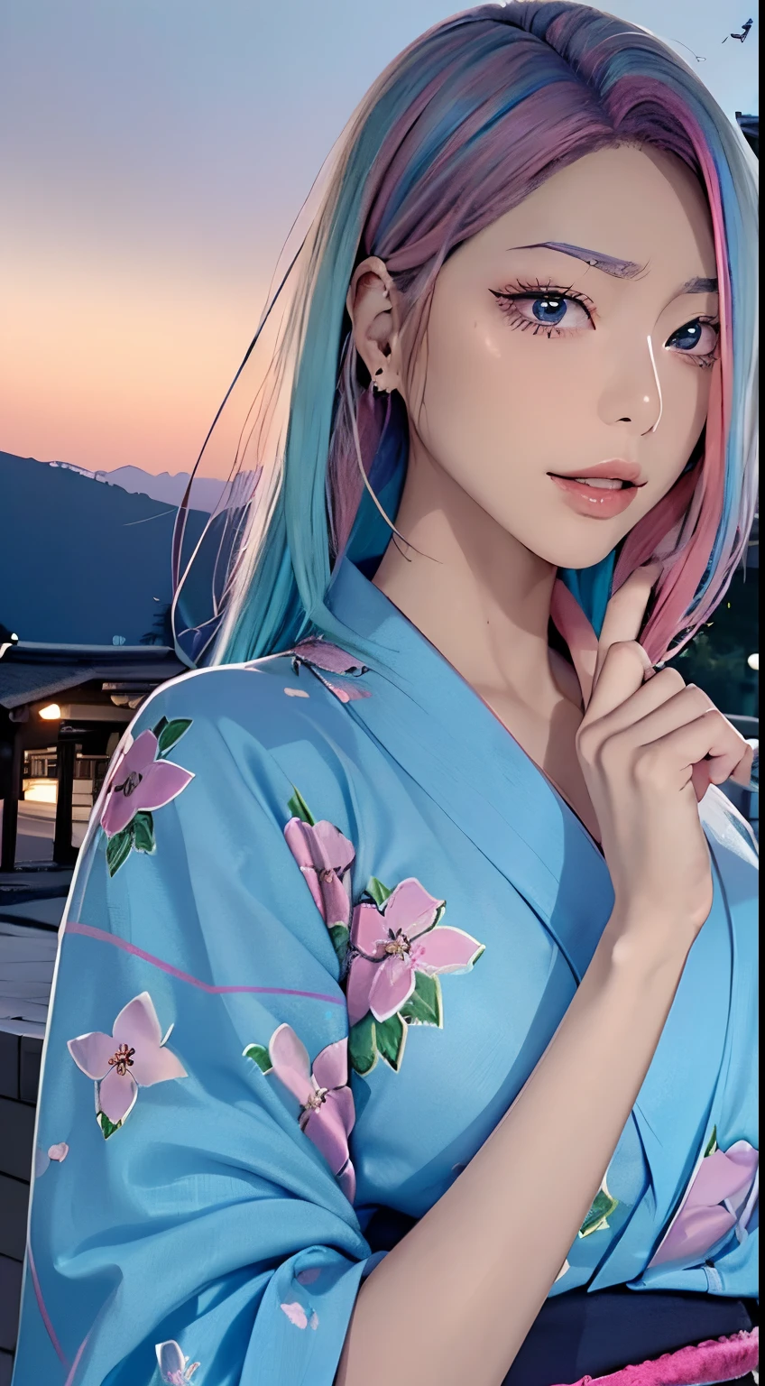 (masutepiece), (((Highest Quality)), (super detailed), 1 girl, (Iridescent hair, Colorful hair, Half blue and half pink hair: 1.2), , (Yukata: 1.2), Midsummer Night、plein air, Bangs, Smile, sky-blue eyes, Perfect hands, Perfect hands, Hand Details, Corrected Fingers. earrings, Night Store + Background, up looking_で_viewer, Cowboy Shot, of the highest quality, rich detail, Perfect image quality, dark blue-gray expression、midnight expression、