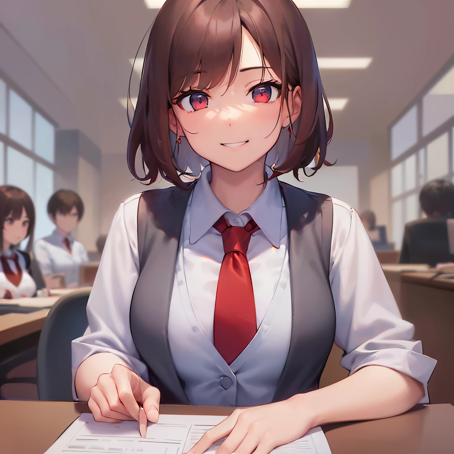 ​masterpiece、top-quality、 wavy hair, Brown bob cut hair、Red colored eyes、25 year old woman、I have bangs、(office lady, white  shirt、Gray vest、red necktie:1.3)、Touching ear, (A gentle smile:1.3)、(Staring:1.5)、The background is office、Bold composition、Upper body is shown、Alone、