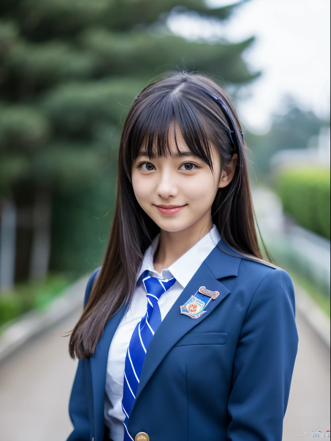 ((Masterpiece)), 8k, highest quality, 1 girl, solo, beautiful face, gentle expression, real, cute, dark blue skirt, dark blue ribbon, dark blue blazer uniform, (Japanese high school girl), Smile, ((turns around and looks at camera)), long hair, normal chest, full body shot,