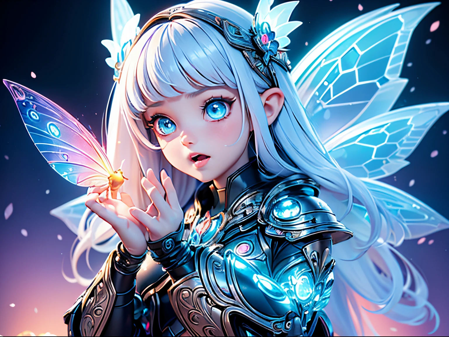 (masterpiece), realistic, cinematic light, a 10yo girl, (((utopia world, playing with fairies in a dream ))), full body, beautiful eyes, silver hair, perfect anatomy, very cute, (blue eyes) , bioluminescence, 8 life size,8k resolution, human hands, elegant, approaching perfection, dynamic, highly detailed, character sheet, concept art, smooth, facing directly at the viewer positioned so that their body is symmetrical and balanced, stunningly beautiful teenage girl, her eyes tear up as she hold back the pain, open mouth and stick out tongue, from below and side, fractal art,