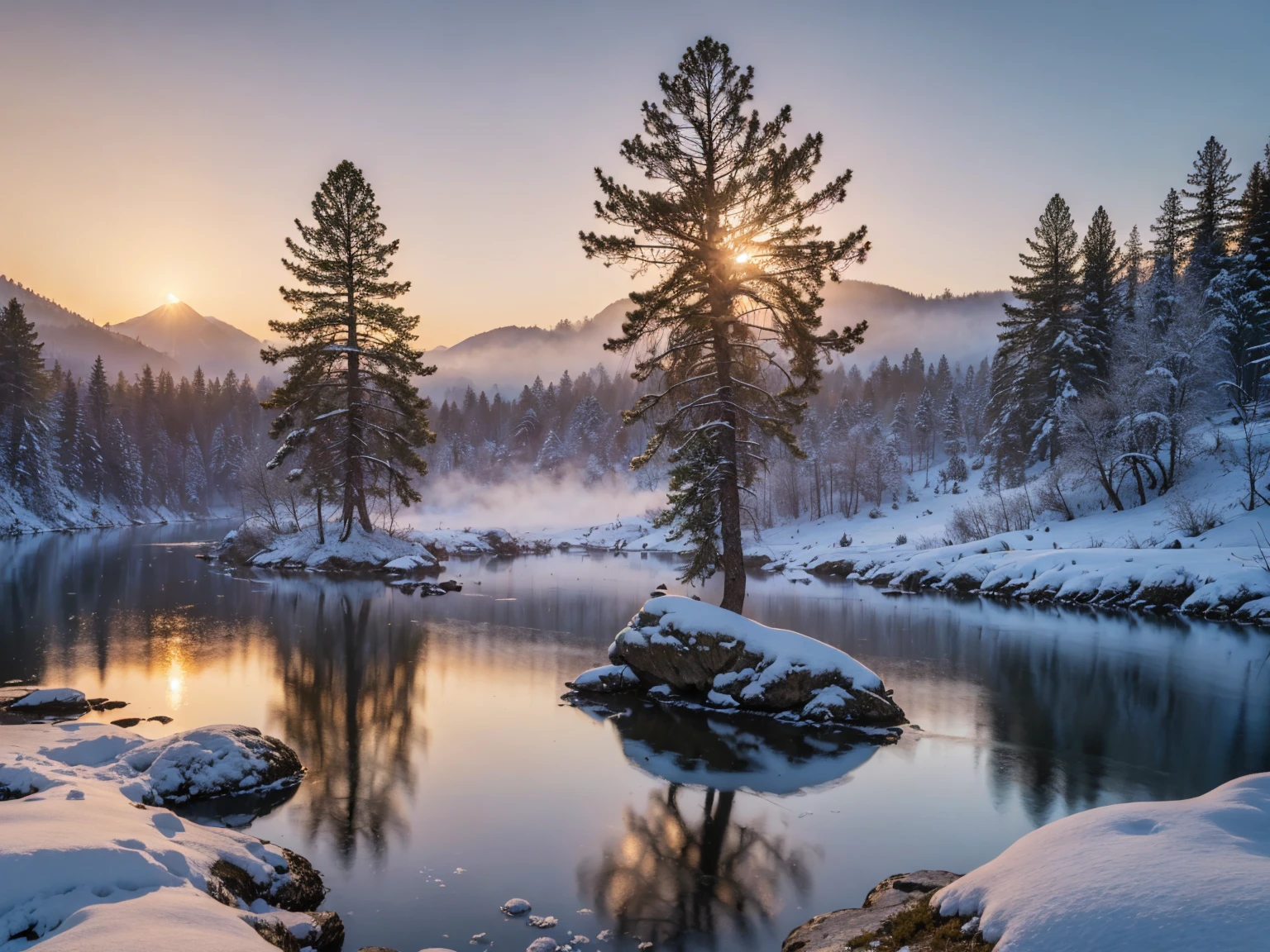 (best quality,4k,8k,highres,masterpiece:1.2),ultra-detailed,(realistic,photorealistic,photo-realistic:1.37),mountain,snow,sunset,fog,HD 8K,tree,river,rocks,pine trees,soft light,serene atmosphere,vivid colors,frozen landscape