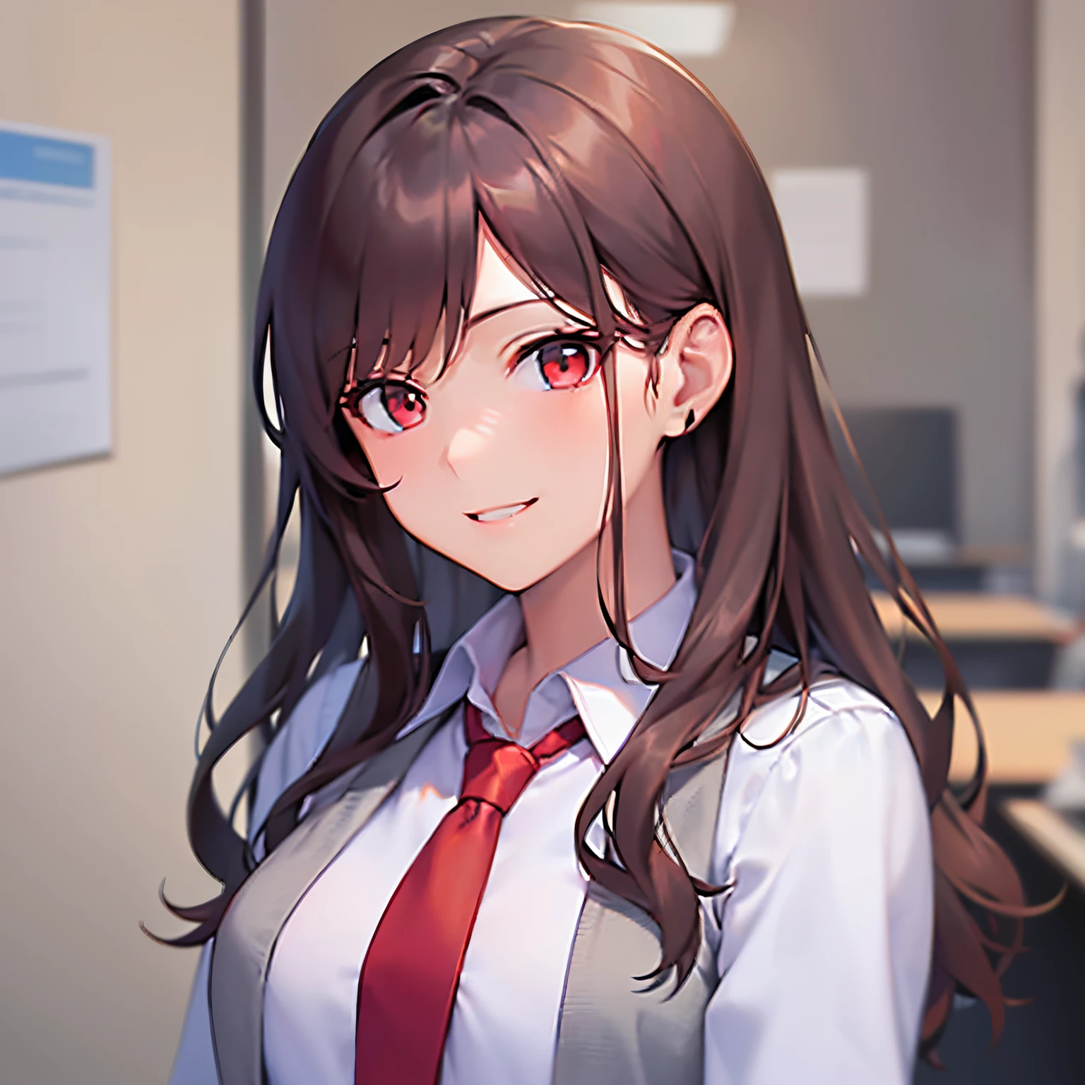 ​masterpiece、top-quality、 A 25-year-old woman with wavy brown hair and red eyes.、(office lady, white  shirt、Gray vest、red necktie:1.3)、(Touching ear:1.2), (A gentle smile:1.3)、(Staring:1.5)、The background is office、Bold composition、Upper body is shown、Alone、