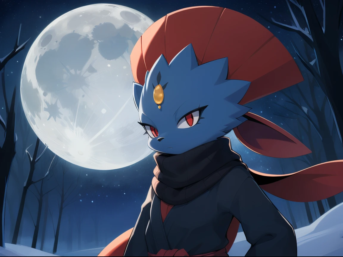 Weavile, bluish fur, orange gem, red eyes, standing, long scarf, black ninja outfit, trees, midnight, moon, stars,  epic, cinematic lighting, volume lighting, bright tone, warm color, colorful, masterpiece, super detail, high quality, best quality, highres, 16k, uploaded on e621,