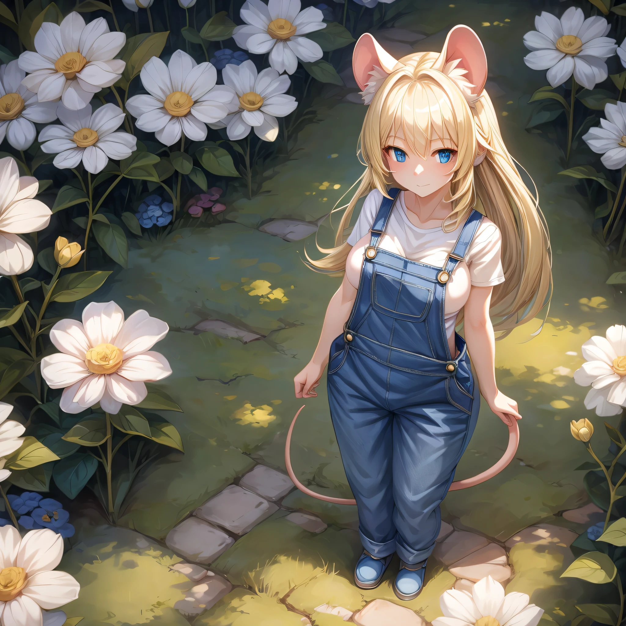 View from above a very short blonde humanoid girl with pale skin and long blonde hair and blue eyes and fluffy mouse ears and a short thin mouse tail and average breasts with denim overalls on and is standing on a giant flower.