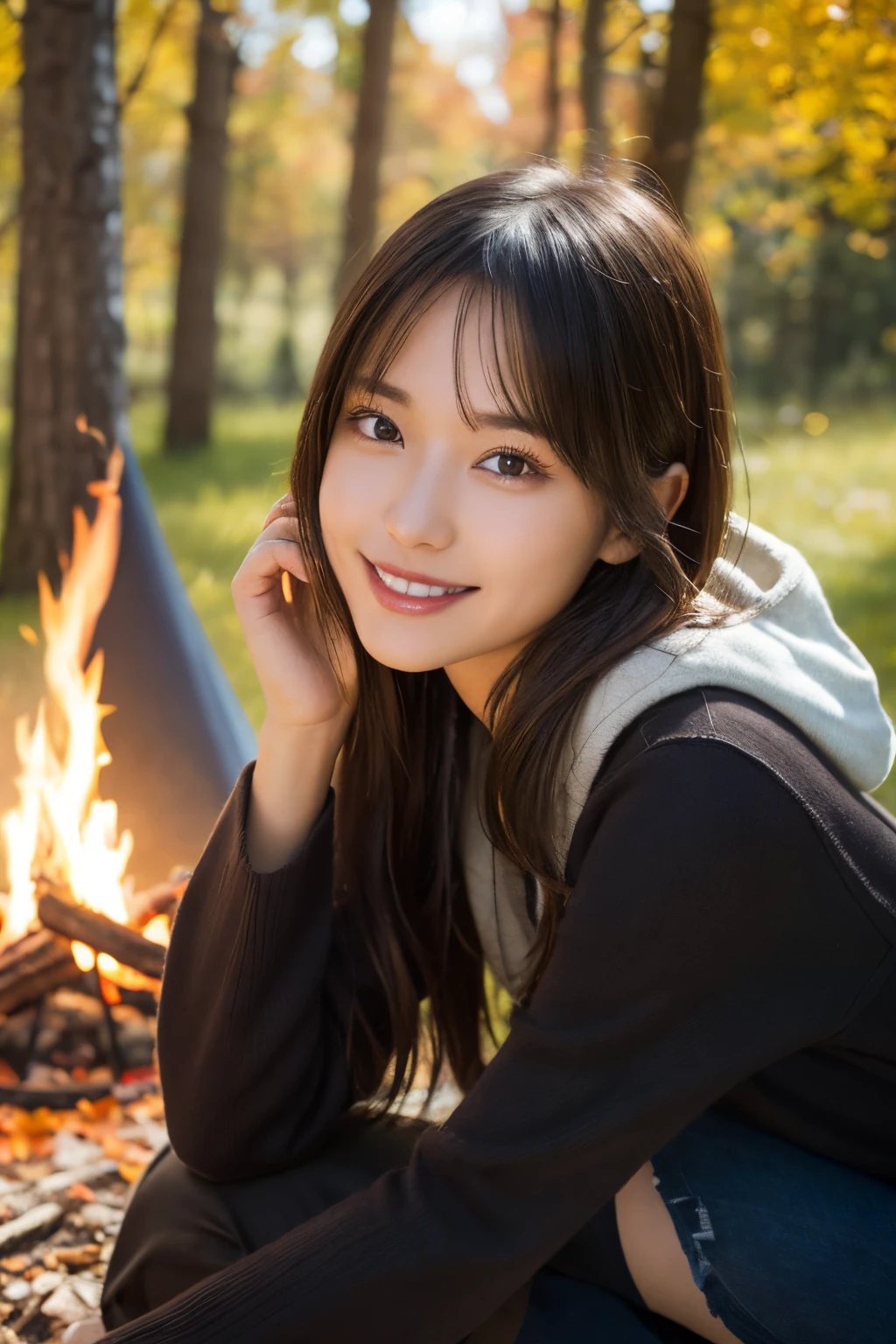 masutepiece, Best Quality, illstration, Ultra-detailed, finely detail, hight resolution, 8K quality wallpapers, autumn camp、warm clothes, Beautiful detailed eyes, (Black Short Bob), A woman is sitting on a camping chair near a bonfire,Looking at me and smiling、 Autumn Campsites