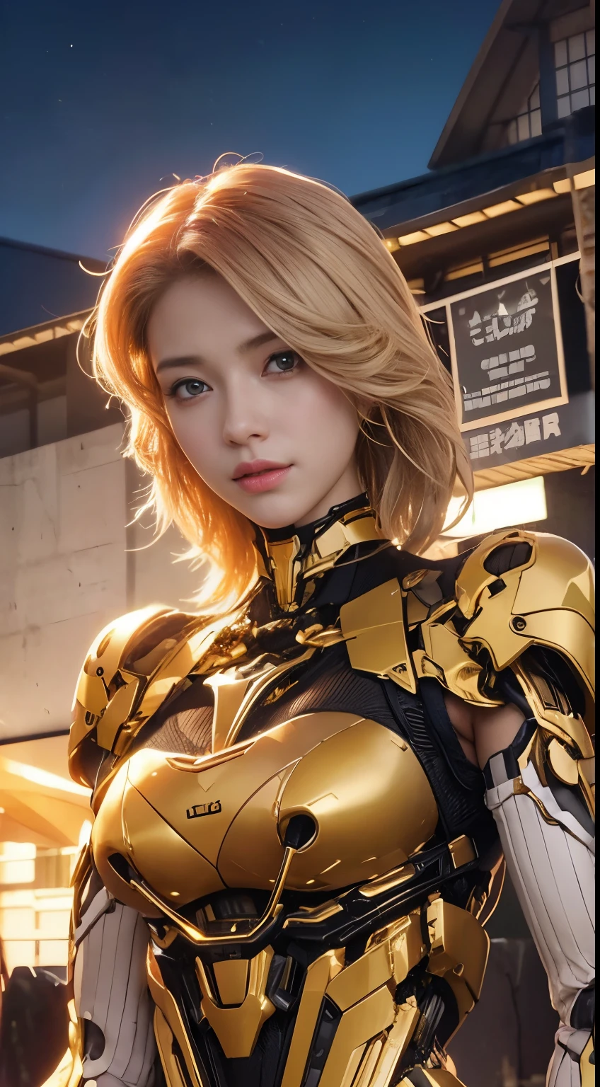 (1 Mechanical Girl)、top-quality、​masterpiece、超A high resolution、(Photorealsitic:1.4)、Raw photo、女の子1人、Golden hair、glowy skin、(((1 Mechanical Girl)))、（LED Lamp Mechanical Helmet）、(Small LED)、((super realistic details))、portlate、globalillumination、Shadow、octan render、8K、ultrasharp、Colossal 、Raw skin is exposed in cleavage、metals、Details of complex ornaments、Japan details、highly intricate detail、Realistic light、CGSoation Trends、Red Eyes、radiant eyes、Facing the camera、neon detailechanical limbs)、(blood vessels connected to tubeechanical vertebrae attached to the back、mechanical cervical attaching to neck、(Wires and cables connecting to the head)、Gundam、Small LED、,Mechanical thighs、Toostock、