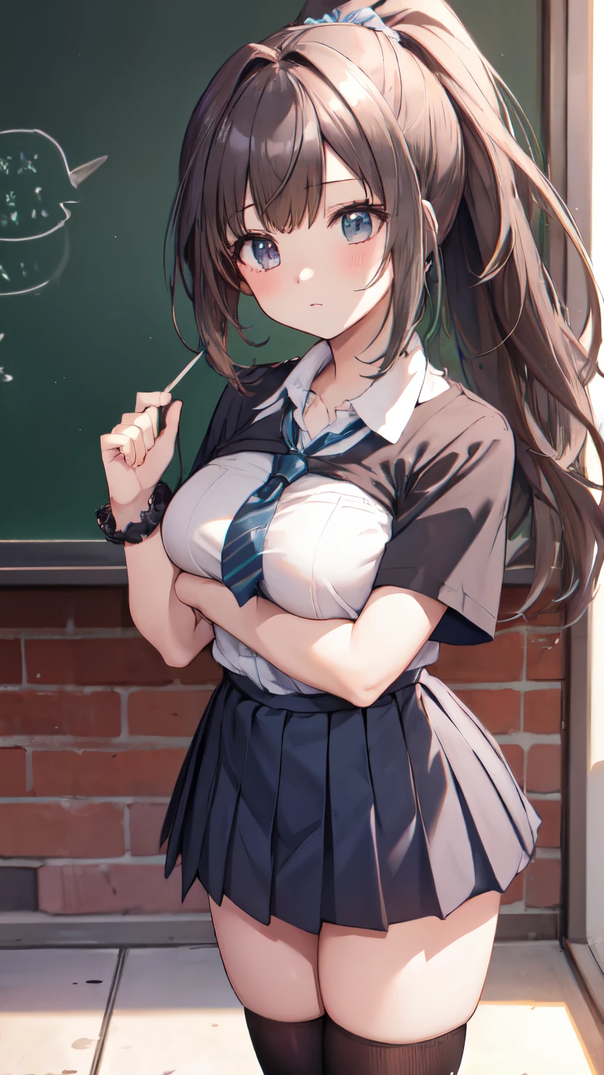 Pov、standing,(reaching out:1.3)、(high ponytail:1.3)、(school uniform, short sleeve:1.3)、a miniskirt、(hair adornments:1.2)、(Wrap a scrunchie around your left wrist:1.2)、(Black High Socks:1.3)、、clear eyes、8k、10yo student、Top image quality、Masterpiece、perfect anatomia、Kogal、Plump thighs、piece sign、bich、schools、Absolute Area、huge tit