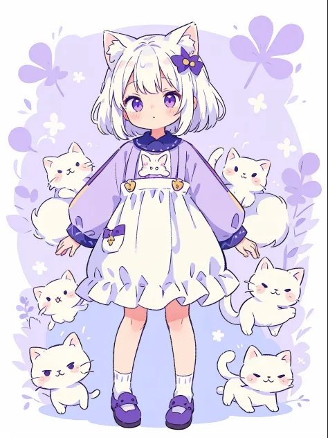 masterpiece, best quality, detailed background, detailed clothes, cute, small, oversized clothes, white hair, short hair, white fluffy cat tail, white cat ears, small size, full body, purple eyes, fluffy, fluff ears, solo, long sleeves, detiled, A girl, ka...