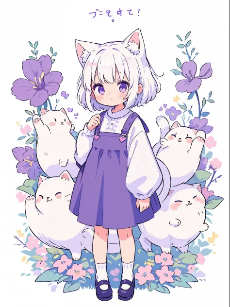 masterpiece, best quality, detailed background, detailed clothes, cute, small, oversized clothes, white hair, short hair, white fluffy cat tail, white cat ears, small size, full body, purple eyes, fluffy, fluff ears, solo, long sleeves, detiled, A girl, ka...