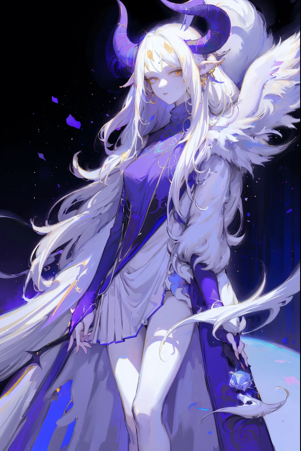 Designed by nty, A woman is, 8K, hyper HD, Albino demon girl standing, shot from far away, ( Long white hair:1.3) , purple rose bush, Blue turtleneck sweater with tulle skirt, winking ,(long and complex horns:1.2), white backgrounid, colorful clothes, Complicated details