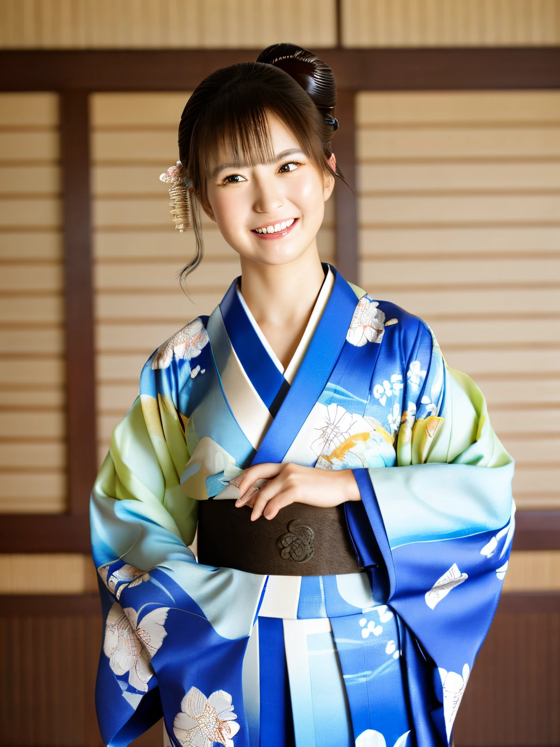 Imágenes de alta calidad，mejor calidad, hermosos detalles de la cara，Imagen de alta resolución de cuerpo completo，De pie en una sesión de fotos, mirandome, Sonriendo y mirando a la cámara.， kimono, azul brillante，mirando al espectador, sonrisa, sala de tatamis