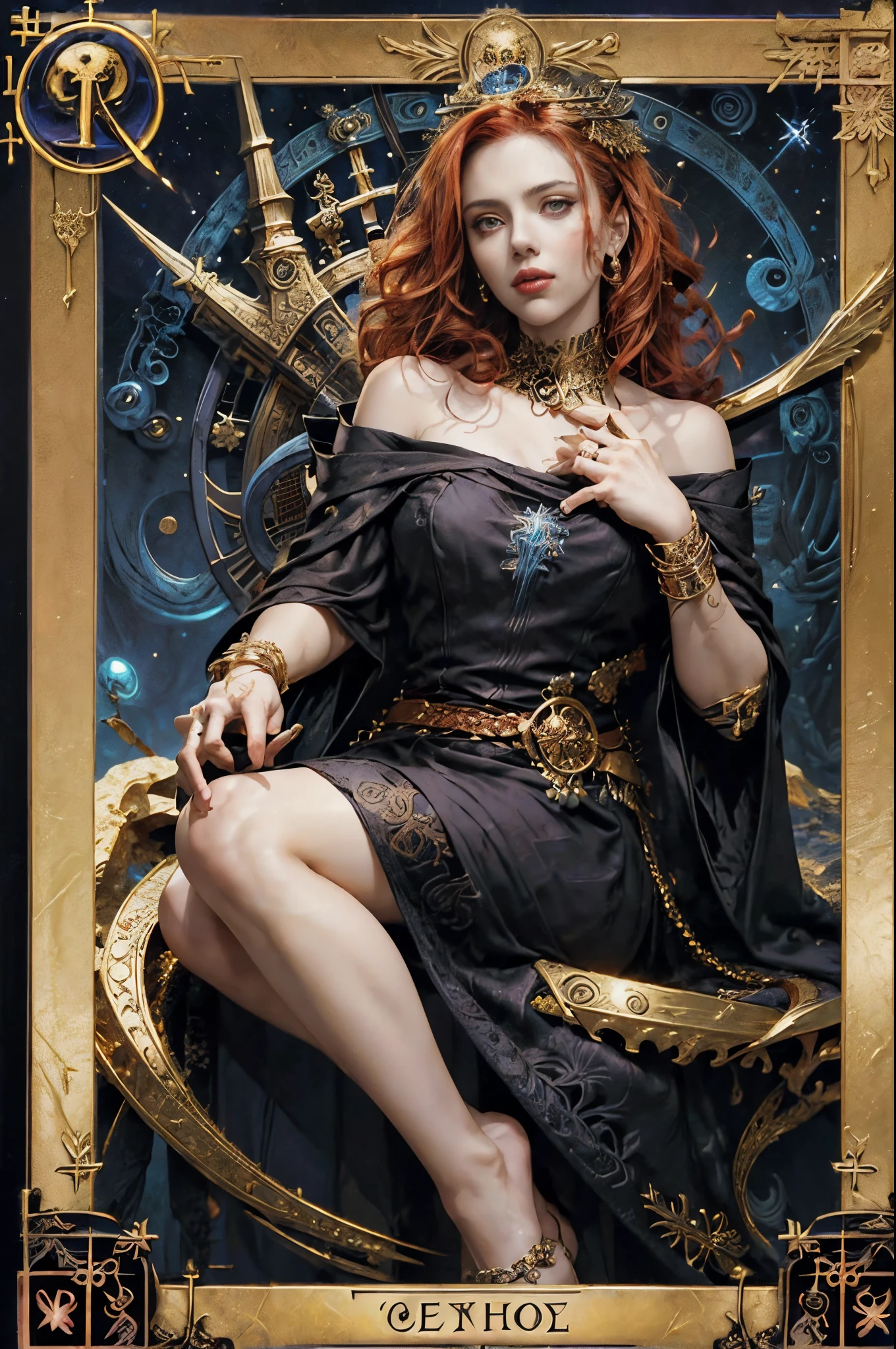 cartas de tarô，Borda completa do tarô，(Imagem cercada por uma borda estilo carta de tarô:1.8), ，hades，O Grim Reaper armado com uma foice gigante，(Scarlett Johansson （Scarlett Johansson）jogar）vestido com：toga preta，com cabelo ruivo cacheado，Mitologia romana，Papel de parede 8k,olhos de boa qualidade，rosto delicado，Mão correta， ultra-detalhado, lindo e lindo, obra-prima, melhor qualidade, extremamente detalhado, ângulo dinâmico, vaqueiro baleado, A mais bela forma de caos, elegante, Fauvistadesign, vibrante com cores, romantismo deitado, inferno,  vulcões，magma，Crânios, sangue，Alma，Mão segurando a foice，estilo vintage，（Emaranhado，datura，emaranhados，emaranhado）， (arte fractal: 1.3)，luz divina，folha de ouro，arte em folha de ouro，Desenho em Flash，Borda completa do tarô，（moldura completa 1.5），Fang Yi，（fronteira centrada：1.8）