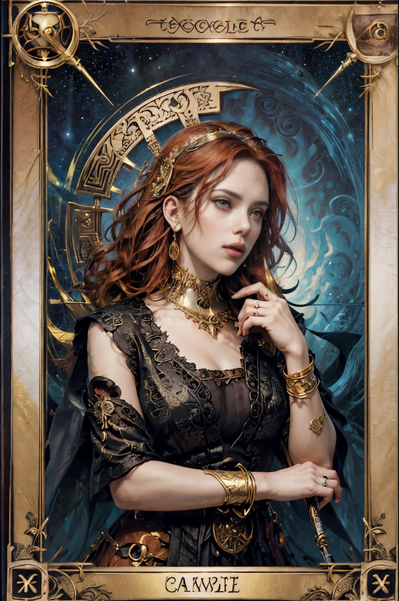 Tarot-Karten，Vollständiger Tarotrand，(Bild umgeben von einem Rand im Tarotkarten-Stil:1.8), ，Hades，Der Sensenmann, bewaffnet mit einer riesigen Sense，(Scarlett Johansson （Scarlett Johansson）spielen）gekleidet in：schwarze Toga，mit lockigem rotem Haar，Römische Mythologie，8k Hintergrundbild,gute Qualität der Augen，zartes Gesicht，richtige Hand， ultra-detailliert, Schön und schön, Meisterstück, beste Qualität, extrem detailliert, dynamischer Winkel, Cowboy erschossen, Die schönste Form des Chaos, elegant, FauvistDesigns, lebendige Farben, Romantik lag, hell,  Vulkane，Magma，Schädel, Blut，seele，Hand hält Sense，Vintage-Stil，（Verheddert，Stechapfel，Verwicklungen，verstrickt）， (fraktale Kunst: 1.3)，göttliches Licht，Goldfolie，Blattgold Kunst，Flash-Zeichnung，Vollständiger Tarotrand，（Volle Lünette 1.5），Fang Yi，（mittig ausgerichteter Rand：1.8）