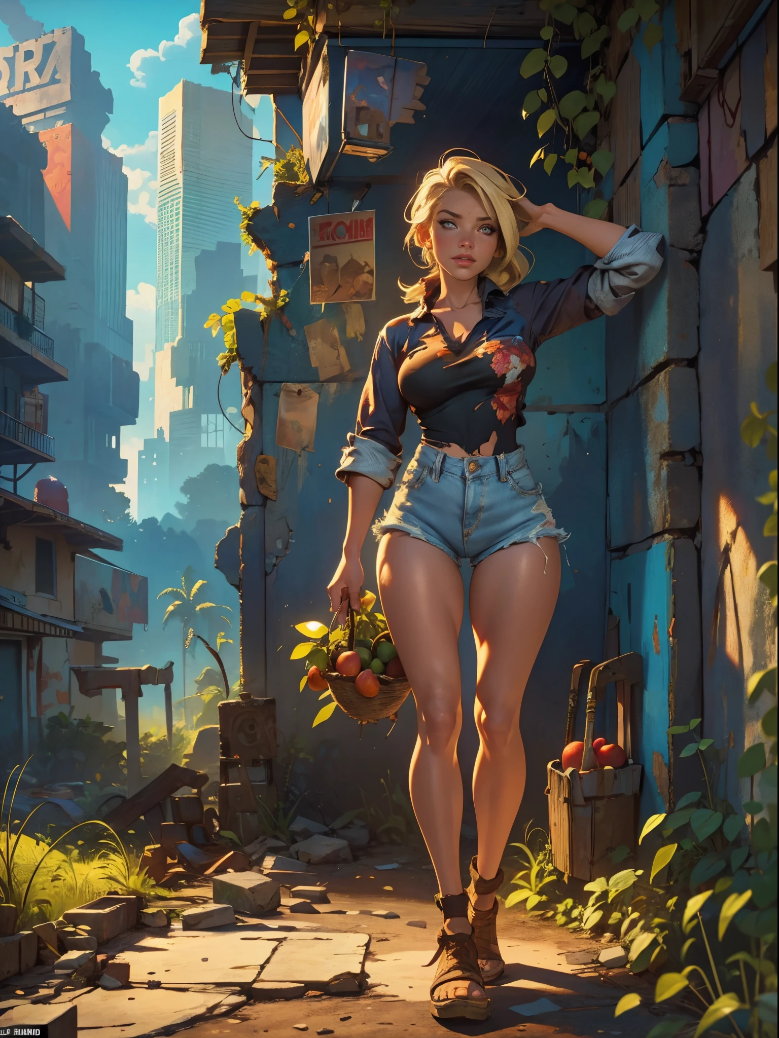 2076 year. The Urban Ruins of the Wasteland, Female huntress picking fruit in the garden, beautiful face, blonde, badly torn shirt and denim shorts ,  long legs, sweating through, sun rising, Nice warm colors, head to toe, full body shot, pretty hands, perfect fingers,