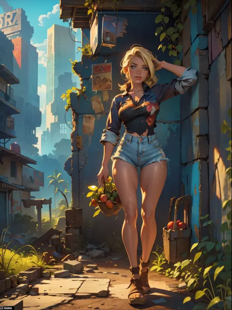 2076 year. The Urban Ruins of the Wasteland, Female huntress picking fruit in the garden, beautiful face, blonde, badly torn shi...