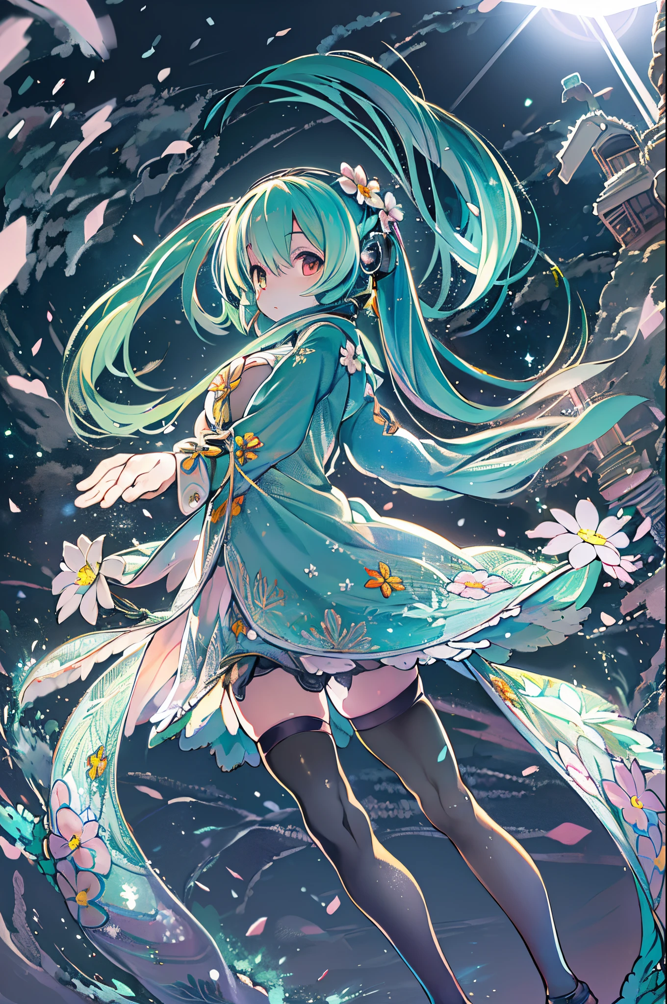 (beste Qualität, Tischplatte), 1Mädchen in, Pose, Partikel, Wind, Blume, Oberkörper, Einfacher Hintergrund, Betrachter betrachten,miku hatsune, Galaxy,