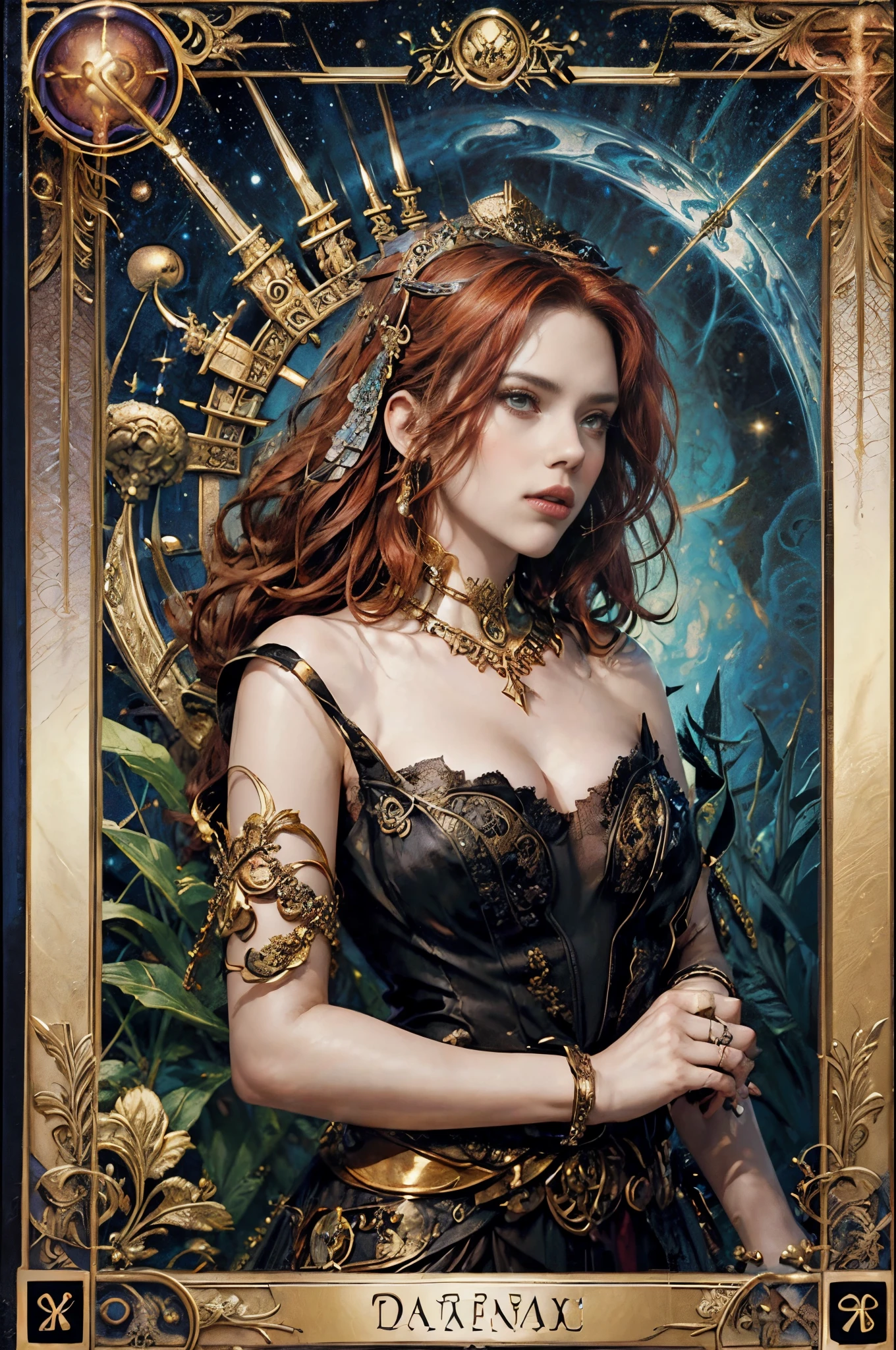 cartas de tarot，Borde completo del tarot，(Imagen rodeada por un borde estilo carta del tarot.:1.8), ，infierno，La Parca armada con una guadaña gigante，(Scarlett Johansson （Scarlett Johansson）jugando con el）vestido：toga negra，con pelo rojo rizado，mitología romana，fondo de pantalla 8k,Ojos de buena calidad，cara delicada，mano correcta， ultra-detallado, hermosa y hermosa, obra maestra, La mejor calidad en el mejor de los casos., el es muy detallado, ángulo dinámico, tiroteo del vaquero, Caos en su forma más bella, Elegant, Fauvistdesign, Colores vibrantes, el romanticismo yacía, infierno,  volcanes，magma，calaveras, sangres，Schiller，Guadaña en mano，estilo vintage，（Enredado，datura，enredos，enEnredado）， (s fractal art: 1.3)，luz divina，Papel de oro，arte de la hoja de oro，dibujo flash，Borde completo del tarot，（bisel completo 1.5），colmillo yi，（centrado en el borde：1.8）