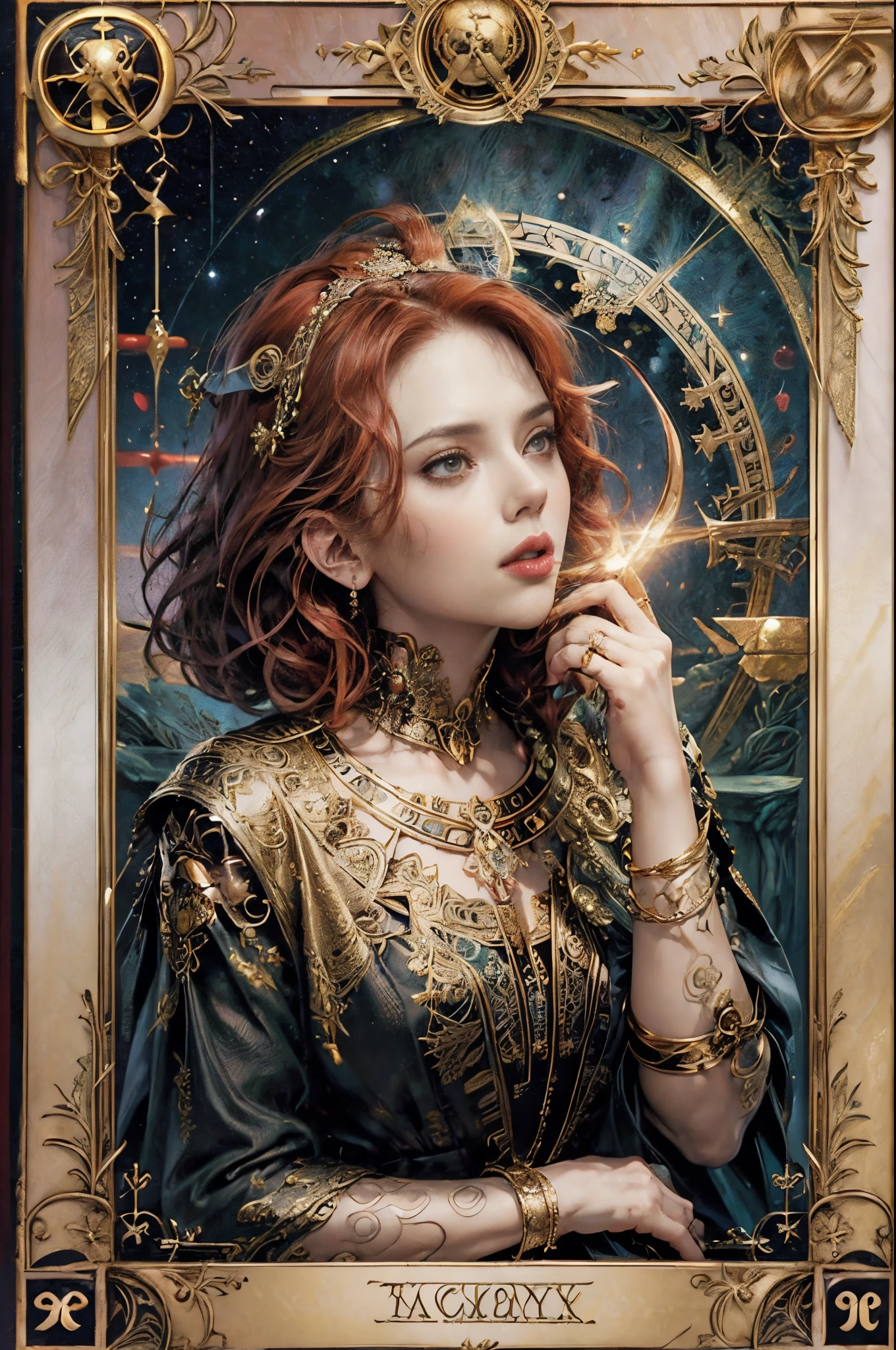 cartas de tarot，Borde completo del tarot，(Imagen rodeada por un borde estilo carta del tarot.:1.8), ，infierno，La Parca armada con una guadaña gigante，(Scarlett Johansson （Scarlett Johansson）jugando con el）vestido：toga negra，con pelo rojo rizado，mitología romana，fondo de pantalla 8k,Ojos de buena calidad，cara delicada，mano correcta， ultra-detallado, hermosa y hermosa, obra maestra, La mejor calidad en el mejor de los casos., el es muy detallado, ángulo dinámico, tiroteo del vaquero, Caos en su forma más bella, Elegant, Fauvistdesign, Colores vibrantes, el romanticismo yacía, infierno,  volcanes，magma，calaveras, sangres，Schiller，Guadaña en mano，estilo vintage，（Enredado，datura，enredos，enEnredado）， (s fractal art: 1.3)，luz divina，Papel de oro，arte de la hoja de oro，dibujo flash，Borde completo del tarot，（bisel completo 1.5），colmillo yi，（centrado en el borde：1.8）