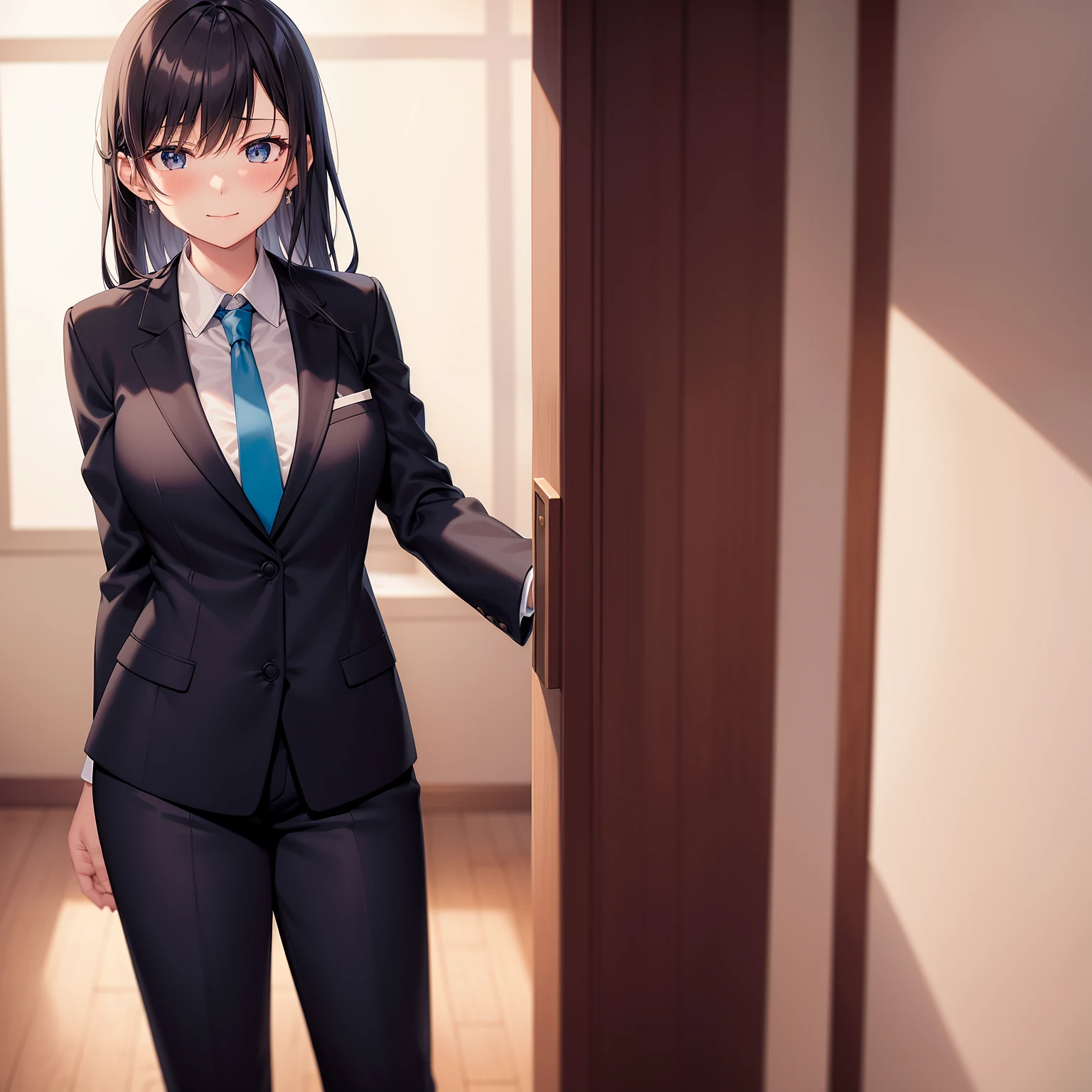 雪之下雪乃,woman in 正式的 attireactive 套裝 tuxedo tailcoat standing in a large alcove in the room, 1個女孩, 獨自的, 領帶, 黑髮, 藍眼睛, 長髮, 微笑, 夾克, 看著觀眾, 襯衫, 褲子, blue 領帶, collared 襯衫, white 褲子, white 襯衫, 在室內, 瀏海, 長袖, 閉著嘴, 窗戶, black 夾克, 臉紅, 牛仔射擊, 正式的, 套裝, 全身