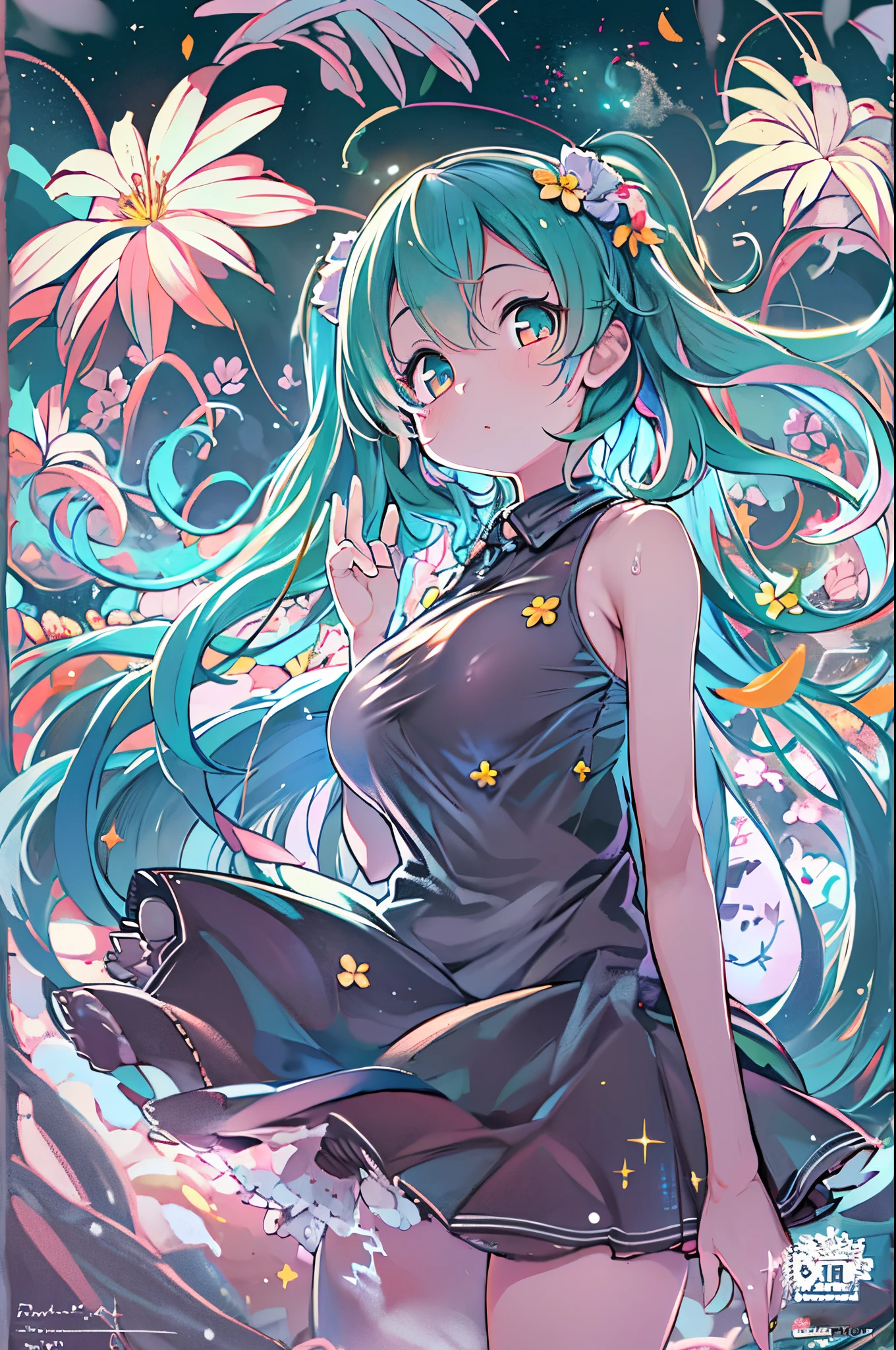 (mejor calidad, mesa), 1 chica en, pose, partícula, viento, flor, Parte superior del cuerpo, fondo sencillo, mirando al espectador,Miku Hatsune, galaxia,