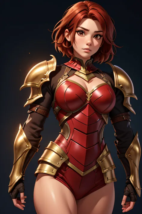 (1 woman), {{armor, brown eyes, red hair, short hair}}, half body shot, muscular, (solid background, 8k quality, highly detailed...