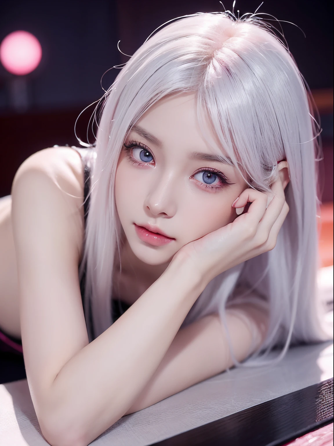 Be a girl with pink skin, pretty eyes (red eyes) as deep as the night sky, Half sad face lying on the table, White hair, looking at you, With anime/Semi-realistic art style