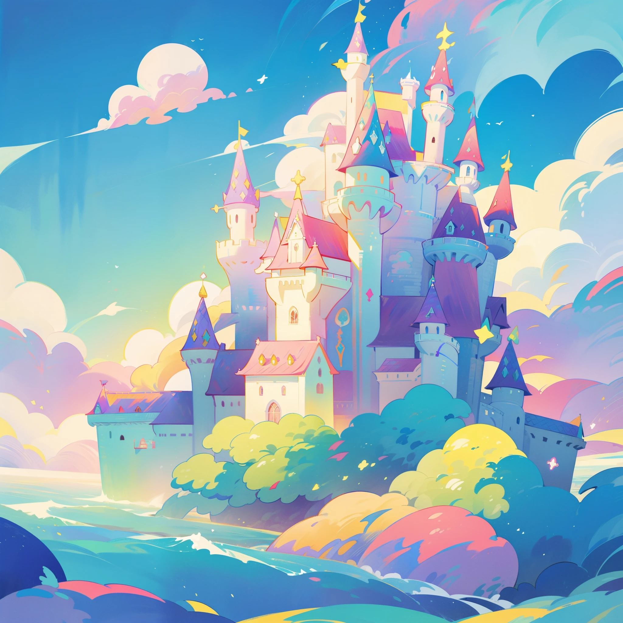 picture book illustration, watercolor storybook illustration, ((seaside castle)), (ocean beach), ((fantasy castle)), fairytale towers, clouds, vibrant pastel colors, dream, colorful, whimsical, magical, masterpiece, best quality, sharp focus, intricately detailed environment, fine detail, 8k resolution, (colorful), cute