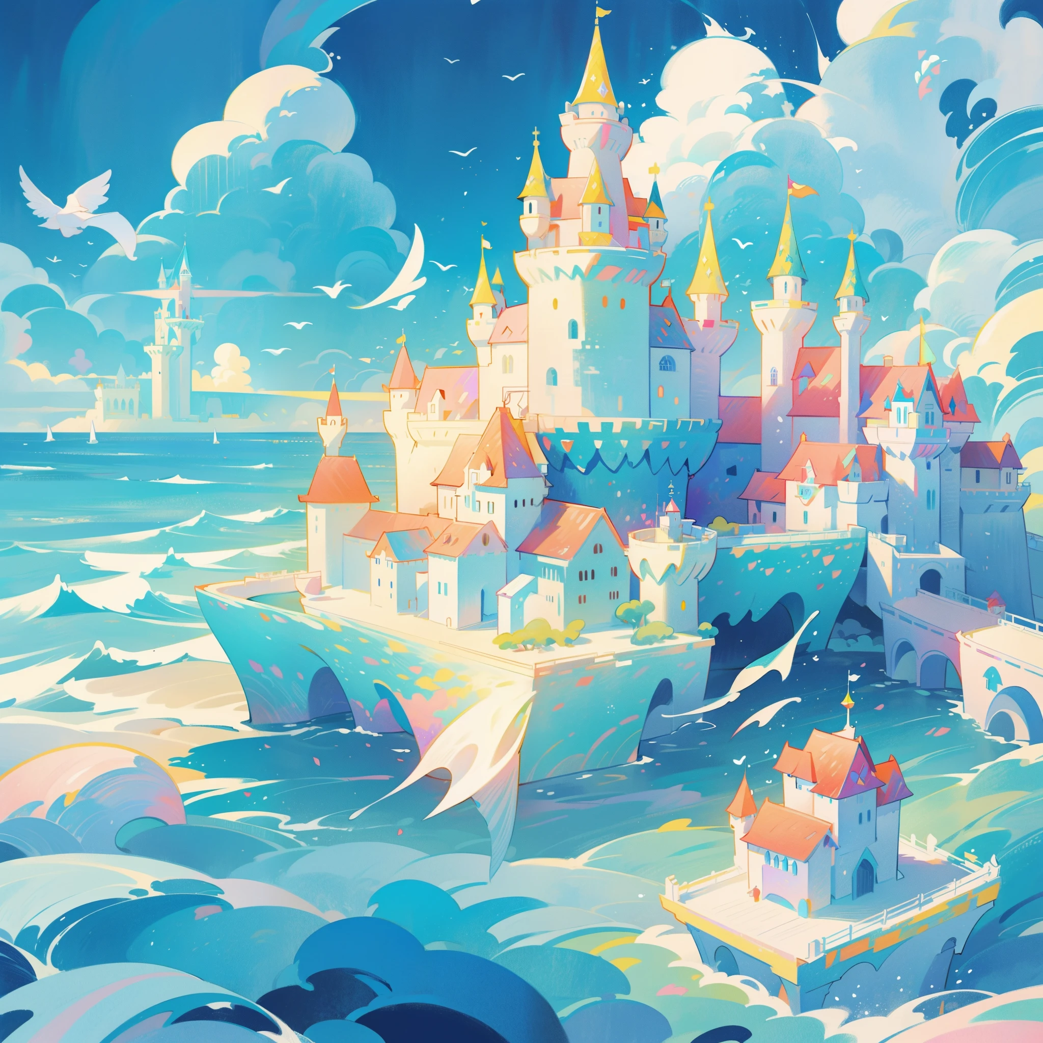 picture book illustration, watercolor storybook illustration, ((seaside castle)), (ocean beach), ((fantasy castle)), fairytale towers, clouds, vibrant pastel colors, dream, colorful, whimsical, magical, masterpiece, best quality, sharp focus, intricately detailed environment, fine detail, 8k resolution, (colorful), cute