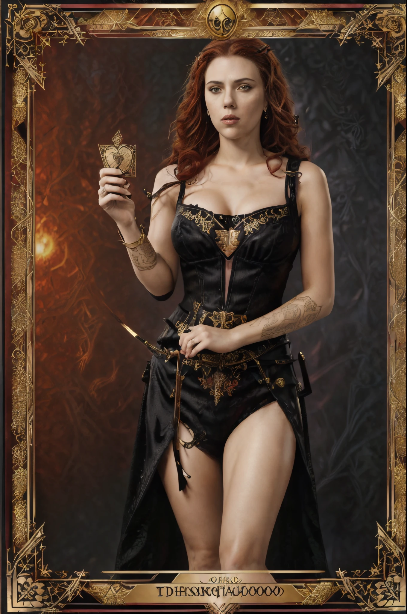 cartas de tarot，Borde completo del tarot，(Imagen rodeada por un borde estilo carta del tarot.:1.8), ，infierno，La Parca armada con una guadaña gigante，(Scarlett Johansson （Scarlett Johansson）jugando con el）vestido：toga negra，con pelo rojo rizado，mitología romana，fondo de pantalla 8k,Ojos de buena calidad，cara delicada，mano correcta， ultra-detallado, hermosa y hermosa, obra maestra, La mejor calidad en el mejor de los casos., el es muy detallado, ángulo dinámico, tiroteo del vaquero, Caos en su forma más bella, Elegant, Fauvistdesign, Colores vibrantes, el romanticismo yacía, infierno,  volcanes，magma，calaveras, sangres，Schiller，Guadaña en mano，estilo vintage，（Enredado，datura，enredos，enEnredado）， (s fractal art: 1.3)，luz divina，Papel de oro，arte de la hoja de oro，dibujo flash，Borde completo del tarot，（bisel completo 1.5），colmillo yi，（centrado en el borde：1.8）