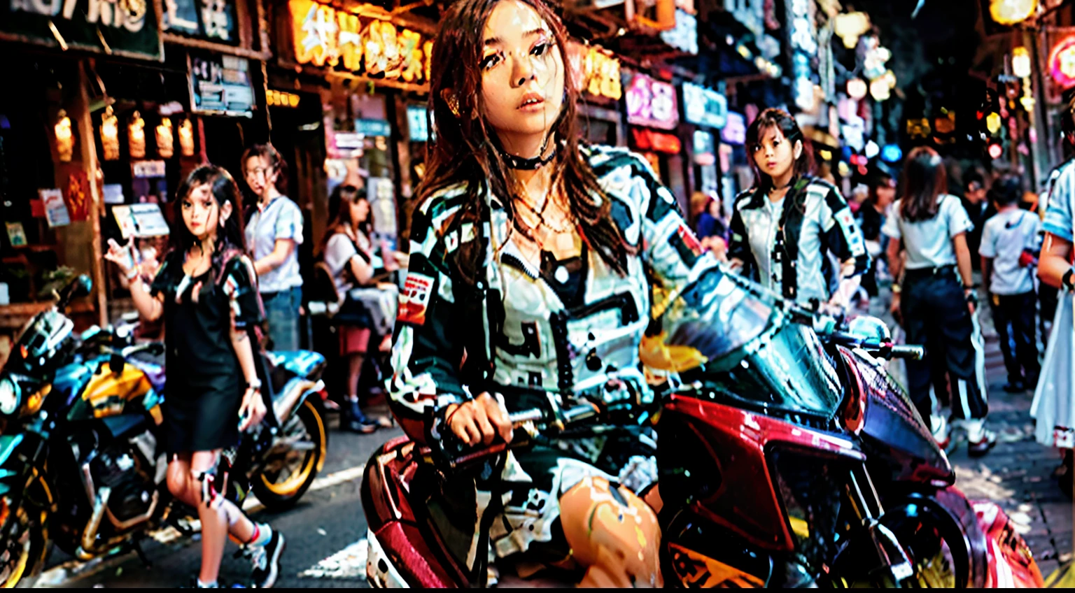 Foto en color RAW muy detallada de, linda mujer vestida de blanco y negro montando una motocicleta en una calle muy transitada, Estilo Kar Wai Wong, Yakuza Slim Chica, asian female, asian female, an asian woman, Mujer impresionante, Dama seductora, asian women , Asian girl, Asian, Centelleo, ciclista, Una motocicleta en el centro del cuadro., Basia Tran, riding, sentado en una motocicleta, 4k, Obra maestra, high resolusion, alta calidad, La mejor calidad, UHD, realismo, ultra realista, 16k, fotorrealista, spray tan, Detailmaster2, Estilo steampunk,
HZ Steampunk