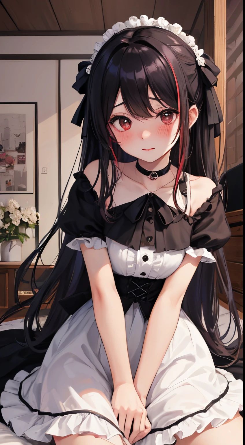 Anime girl in maid outfit sitting on bed with her hands on her knees -  SeaArt AI