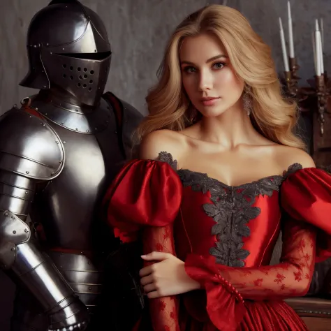 mujer rubia vestida de rojo y disfraz de caballero posando junto a una mesa, dama con armadura roja, chica con armadura de cabal...