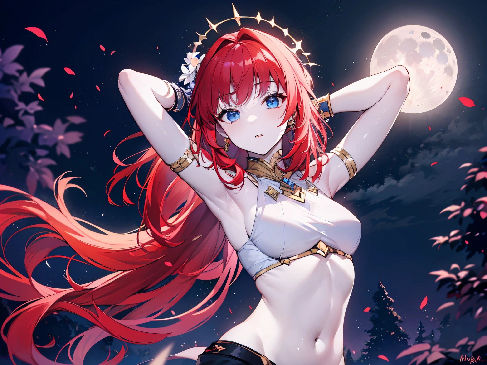 (masterpiece:1.2), (pale skin:1.2), (solo:1.2), (female:1.1), (emphasis lines:1.3), (detailed:1.2), red hair, long hair, armpits, bracelets, blue eyes, moon, night, (dancing under the moonlight:1.2), navel
