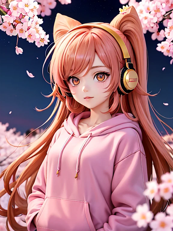 Anime girl, copper hair, gold eyes, gamer, vaporwave, light pink hoodie, winged eyeliner, long hair, Cherry blossoms, headphones, cute, lofi aesthetic, moon