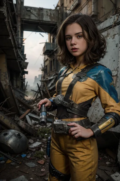 13 year old girl wearing (vaultsuit with pipboy3000 on wrist) standing in a ruined city, holding a large fallout weapon, giant s...