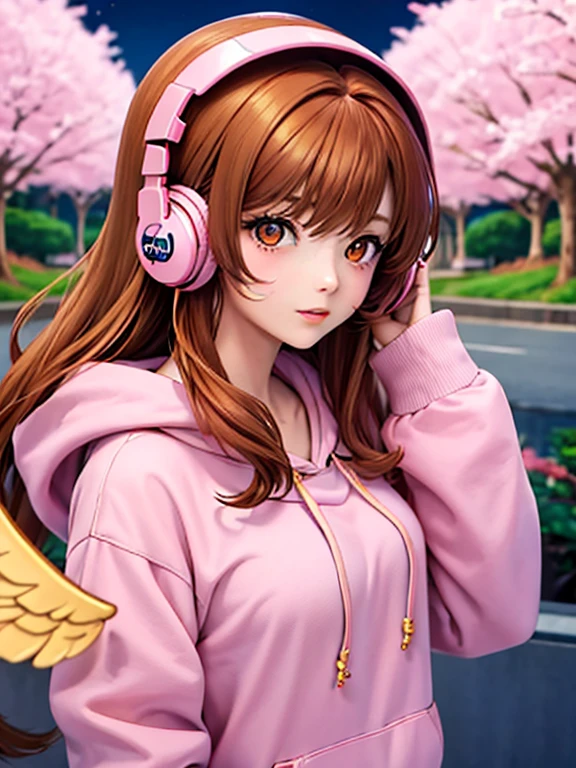 Anime girl, long auburn hair, golden eyes, gamer, vaporwave, light pink hoodie, winged eyeliner, cherry blossoms, headphones, cute, lofi aesthetic, moon, plants