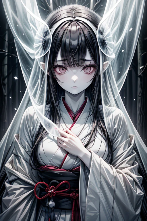 //Character
1girl, princess of the japanese ancient tragedy, slim and soft, medium large breast, ultra detailed face, super cute, innocent, round face, thin eyeblow, black eyes, (translucent skin, super extra pale, looks ill, looks sad:1.6), (shadow on her cheek), sorrow, extra long hair, black hair, straight bangs, demon horn on her head
BREAK
//Fashion
japanese ghost inspired attire
Her outfit is styled with images of death clothes
pure white japanese kimono, decorated in a vague gray flowers
BREAK
in the banboo forest, deep in mountain, very dark, cold, snowy
break
biting the man's arm,