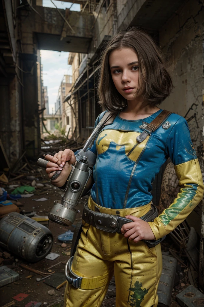  chica vistiendo (traje de salto con pipboy3000 en la muñeca) parado en una ciudad en ruinas, sosteniendo un arma nuclear grande, Insecto gigante de la lluvia radiactiva en el fondo, color calificado profesionalmente, fotografía profesional, well dCRUDOn, obra maestra, Híper realista, ultra detallado, alta calidad, mejor calidad, 4k, 8K, CRUDO