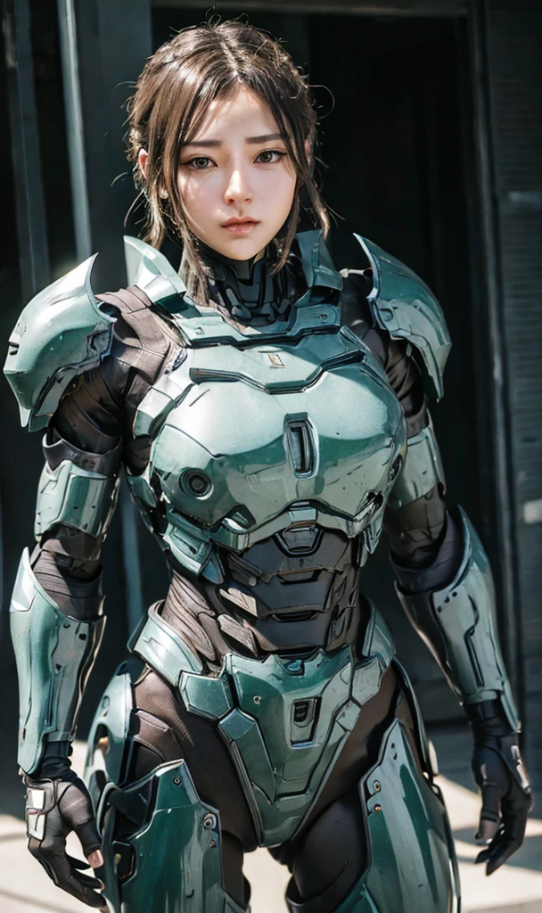 Textured skin, Super Detail, high details, High quality, Best Quality, hight resolution, 1080p, hard disk, Beautiful,(War Machine),beautiful cyborg woman,Dark Green Mecha Cyborg Girl,Battle Mode,Girl with a Mecha Body,She wears a futuristic war machine weapon mech、Very Shorthair、Brown eyes、full of sweat、eye closed　Kiss Face