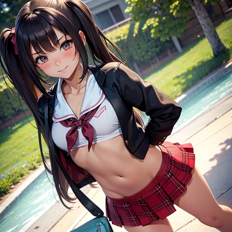 1girl, pretty, wicked smile, hot, sexy, expressive face, expressive eyes, sex, blushing, lewd, full lips. looking at the viewer, posing for a picture, standing up, small breasts, small hips, small waist,young girl (best quality) (best detail) , soft facial features, teasing expression, pouting, school girl uniform, younger sister, little sister.