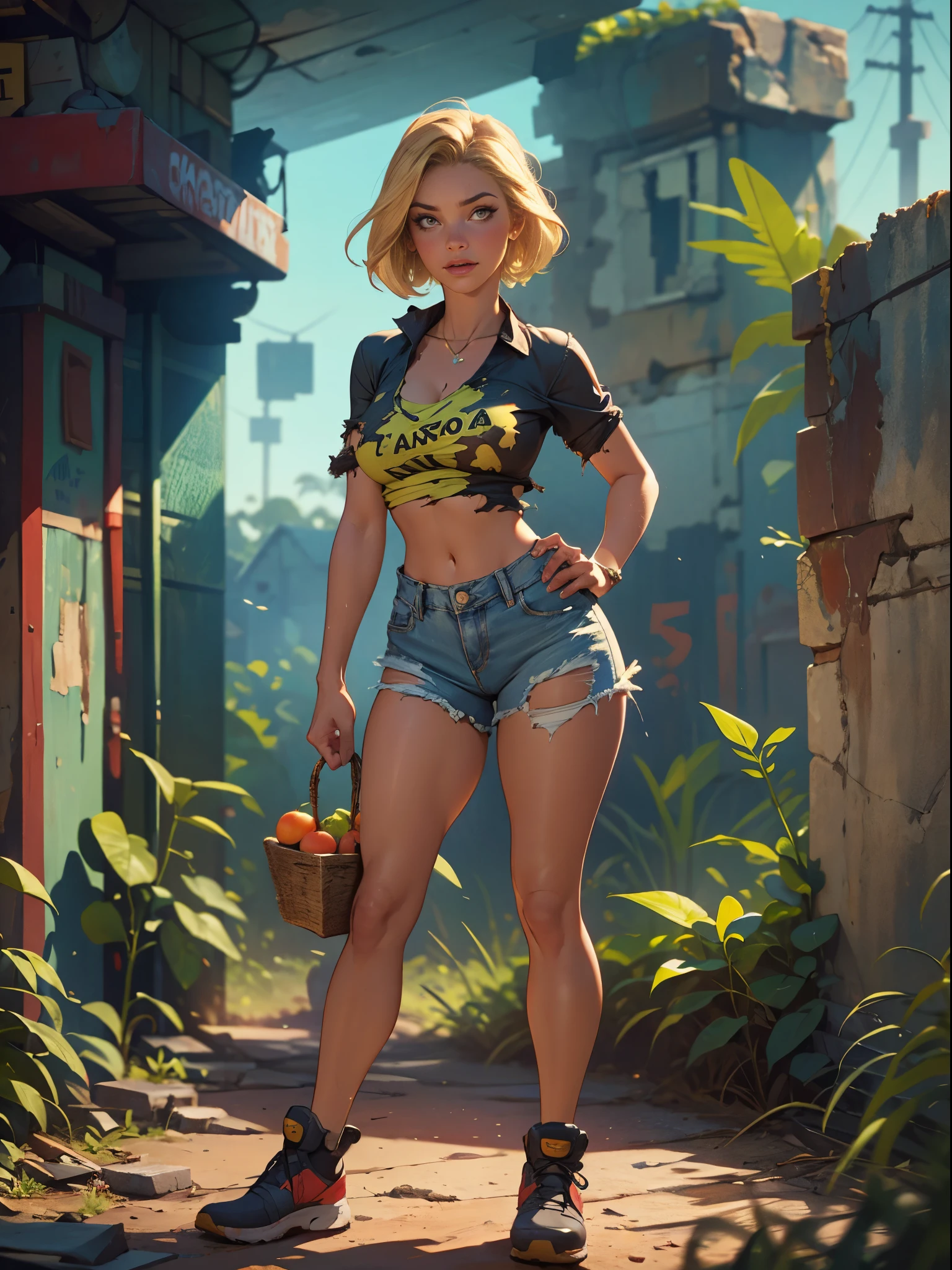 2076 year. The Urban Ruins of the Wasteland, Female huntress picking fruit in the garden, beautiful face, blonde, badly torn shirt and denim shorts ,  long legs, sweating through, sun rising, Nice warm colors, head to toe, full body shot, pretty hands, perfect fingers,