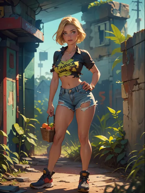 2076 year. the urban ruins of the wasteland, female huntress picking fruit in the garden, beautiful face, blonde, badly torn shi...