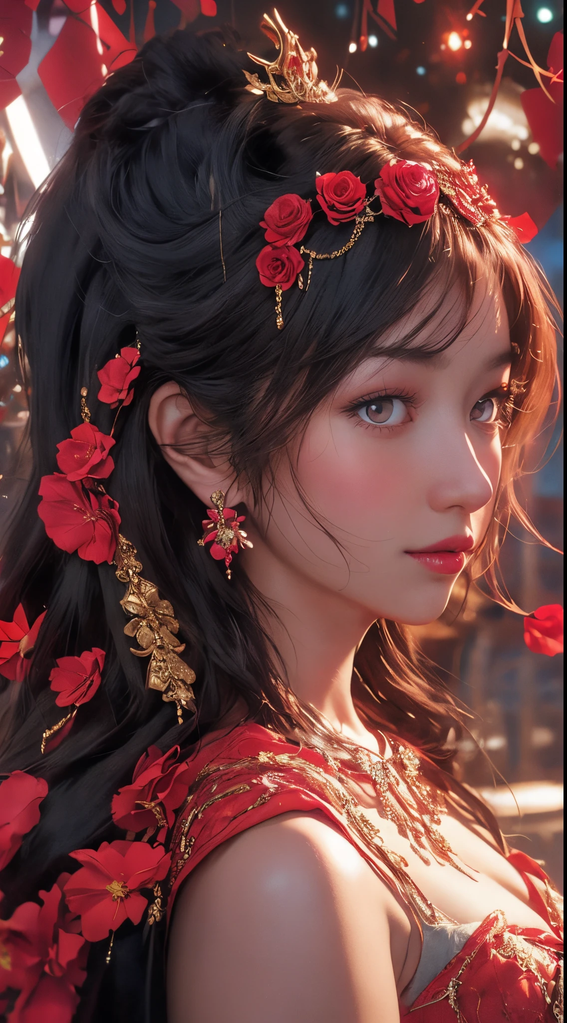 Retrato dinámico de una bella princesa eslava., rasgos de belleza de fantasía, mirada seductora,, ojos rojos brillantes, luciendo una tiara de rosas y joyas,cubierto de filigrana floral de cristal rojo brillante, hiperdetallado,mirada audaz y majestuosa,Himawari Wa Yoru Ni Saku | personaje | Asumi Hisato